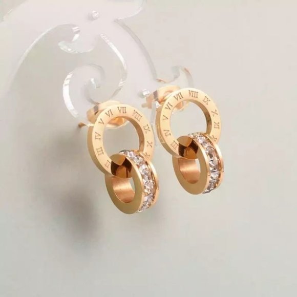 New 18K gold plated high quality double round Roman numeral earrings - Picture 1 of 4